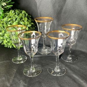 Set of 5 Tiffin Franciscan “Rims of Gold” liquor / cocktail / cordial glasses